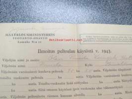 Ilmoitus peltoalan käytöstä v. 1943, Olavi Puuska, Hämäläisen kylä, Kuusjoki, 30.7.1943 -asiakirja