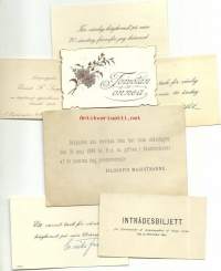 Pieniä kutsu- ja onnittelukortteja 1800/1900 - luvun taitteesta 7 kpl