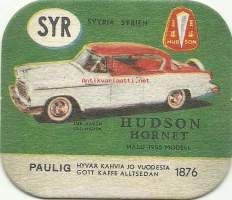 Hudson Hornet  - autokortti, keräilykuva, kahvipakettikuva  - uusintapainos / Vuonna 2014 Pauligin Juhla Mokka täytti 85 v ja julkaisi suosituista autokorteista