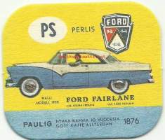 Ford Fairlane m 1955  - autokortti, keräilykuva, kahvipakettikuva  - uusintapainos / Vuonna 2014 Pauligin Juhla Mokka täytti 85 v ja julkaisi suosituista