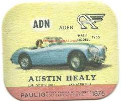 Austin Healy m 1955  - autokortti, keräilykuva, kahvipakettikuva  - uusintapainos / Vuonna 2014 Pauligin Juhla Mokka täytti 85 v ja julkaisi suosituista