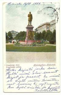 Helsinki Runebergin patsas  - paikkakuntapostikortti kulkenut 1904