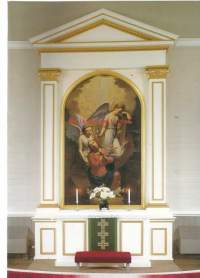 Hämeenkyrön kirkko,kirkon alttaritaulun on maalannut vuonna 1849 J. Z. Blackstadius ja se on nimeltään Jeesus Getsemanessa  kirkko,  A 4 - koko  painokuva