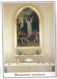 Hirvensalmen  kirkko. Aukusti Koiviston 1916 maalama alttaritaulu kuvaa Kristuksen ylösnousemusta   A 4 - koko  painokuva pahville adressi