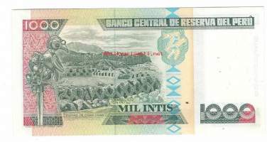 Peru 1000 Intis 1988 -  seteli  /  Perun tasavalta (esp. República del Perú) eli Peru on valtio Etelä-Amerikassa. Sen rajanaapurit ovat Ecuador ja Kolumbia