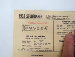 Studebaker 6 cyl. series -63S Lark VI and Police car - Taxi cab 1963 Data sheet / Sun Electric Corporation -säätöarvot taulukko