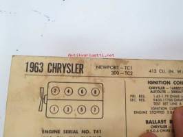 Chrysler Newport - TC1, 300 - TC2 413 cu. in. W/4 BBL. Carb. 1963 Data sheet / Sun Electric Corporation -säätöarvot taulukko
