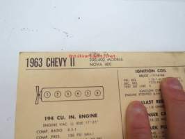 Chevrolet Chevy II 6 cyl. L6 200-400 Models, Nova 400 1963 Data sheet / Sun Electric Corporation -säätöarvot taulukko