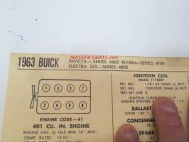 Buick Invicta - Series 4600, Riviera - Series 4700, Electra 225 - Series 4800 1963 Data sheet / Sun Electric Corporation -säätöarvot taulukko