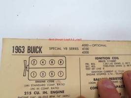 Buick Special V8 Series 4000 - Optional, 4100, 4300 1963 Data sheet / Sun Electric Corporation -säätöarvot taulukko