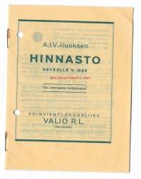 A.I.V. -liuoksen hinnasto keväälle 1934