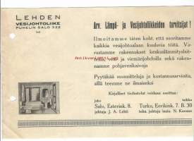Lehden Vesijohtoliike, Turku ja Salo mainos  1930-luku