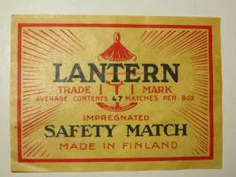 Lanter trade mark - impregnated safety matches - tulitikkuetiketti (Suomessa valmistettu)