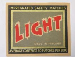 Light - impregnated safety matches-tulitikkuetiketti (Suomessa valmistettu)