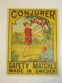 Conjurer - safety matches-tulitikkuetiketti (Ruotsissa valmistettu)