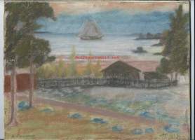 Merimaisema -  pastelliliitumaalaus,  koko 22x28 cm  kehystämätön  ja signeerattu A Toiwanen 6.9.1921