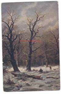 Metsästäjä talvimaisemassa/ K Hadrien - taidepostikortti postikortti, kulkematon