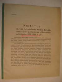 Kertomus tehdystä tarkastuksesta Suomen Kirkollisviraston leski- ja orpokassan hallinnosta kirkollisvuosina 1885, 1886 ja 1887.