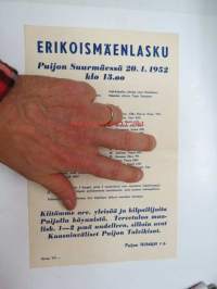 Erikoismäenlasku Puijon Suurmäessä 20.1.1952 - Puijon Hiihtäjät ry kilpailujen ilmoitus / mainos