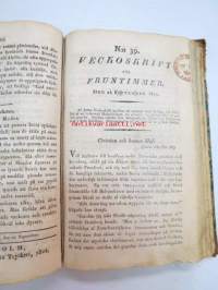Veckoskrift för fruntimmer -vuoden 1824 numeroita sidottuna, useissa mukana jokin ompelukuvio painokuvana, postitusleimoja