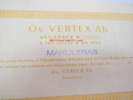 Oy Vertex Ab, 100 aktier á 1000 mk 100 000 mk aktiebrev, Helsingfors 195? -osakekirja, makuleras -leimattu