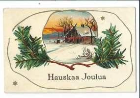 Vanha joulukortti, talo talvisessa maisemassa - jugend       -kohopainokortti  joulukortti  kulkenut nyrkkipostissa