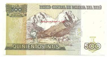 Peru 500 Intis 1985 -  seteli  /  Perun tasavalta (esp. República del Perú) eli Peru on valtio Etelä-Amerikassa. Sen rajanaapurit ovat Ecuador ja Kolumbia