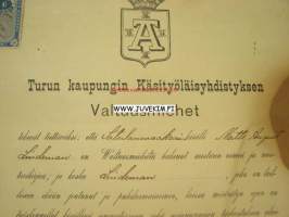 Turun kaupungin Käsityöläisyhdistyksen Valtuusmiehet...Satulamaakarin kisälli Matts August Lindman mestarinkirja 1889