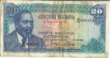 Kenia 20 Shillings 1976 seteli / Kenia (swahiliksi ja engl. Kenya), virallisesti Kenian tasavalta (swahiliksi Jamhuri ya Kenya, engl. Republic of Kenya) on