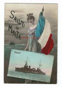 Saluti da Malta Verite - postikortti  lippupostikortti laivapostikortti - kulkenut nyrkkipostissa