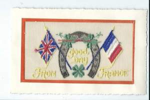 Käsintehty I Maailmansodanaikainen &quot;Good day from France &quot; - postikortti  lippupostikortti - kulkematon