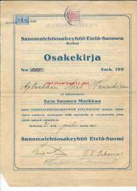 Etelä-Suomen Sanomalehti  Oy, Kotka 1920 - osakekirja