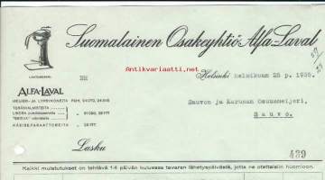 Suomalainen Oy Alfa-Laval meijeri- ja lypsykoneita   firmalomake 1935