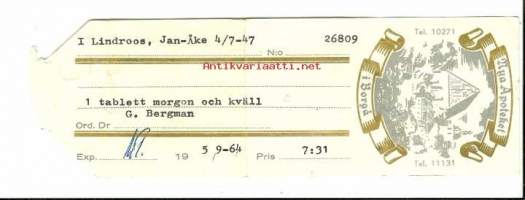 Nya Apoteket i Borgå, resepti  signatuuri  1964
