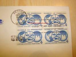 Wheels of Freedom 1960 USA ensipäiväkuori FDC neljällä postimerkillä