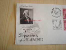 Noah Webster 200th Anniversary 1758-1958 USA ensipäiväkuori FDC neljällä postimerkillä