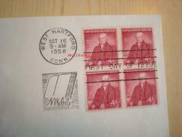 Noah Webster 200th Anniversary 1758-1958 USA ensipäiväkuori FDC neljällä postimerkillä
