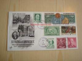 Numismatiikka Banking &amp; Commerce 1975 USA ensipäiväkuori FDC kahdeksalla erilaisella postimerkillä