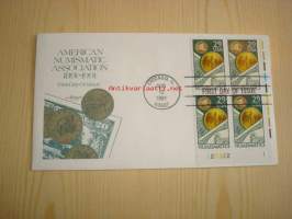 Numismatiikka American Numismatic Association 1891-1991 USA ensipäiväkuori FDC neljällä postimerkillä