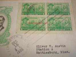 Barry &amp; Jones 1936 USA ensipäiväkuori FDC Famous Navy Officers neljällä postimerkillä
