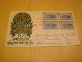 Rautatie Baltimore &amp; Ohio Railroad 1952 USA ensipäiväkuori FDC neljällä postimerkillä