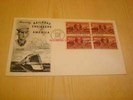Rautatie juna Railroad Engineers of America USA 1950 ensipäiväkuori FDC neljällä postimerkillä