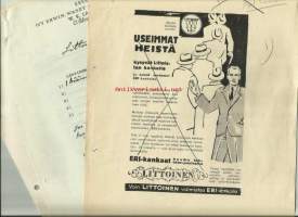 Erva Latvala 1933   - firmalomake ja mainoksen oikovedos lehteen