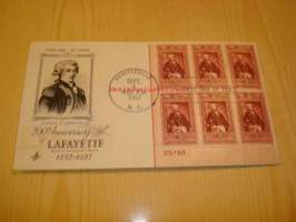 200th Anniversary of Lafayette 1757-1957 USA ensipäiväkuori FDC kuudella postimerkillä