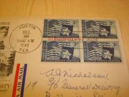 Texas 1945 USA ensipäiväkuori FDC neljällä postimerkillä