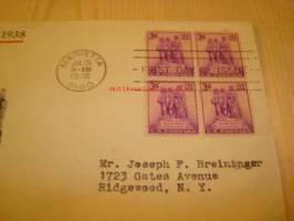 Northwest Territory 1938 USA ensipäiväkuori FDC neljällä postimerkillä