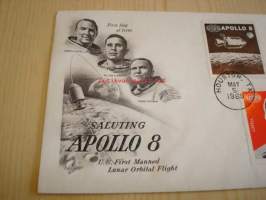 Apollo 8 1969 USA ensipäiväkuori FDC kolmella postimerkillä mm. Apollo 8 ja astronautti Lovell