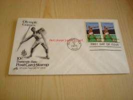 Olympic Games Decathlon olympialaiset 10-ottelu 1979 USA ensipäiväkuori FDC kahdella postimerkillä, minulla on myös muita useita eri olympialaisten ensipäiväkuoria