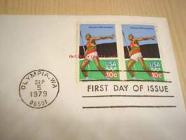 Olympic Games Decathlon olympialaiset 10-ottelu 1979 USA ensipäiväkuori FDC kahdella postimerkillä, minulla on myös muita useita eri olympialaisten ensipäiväkuoria