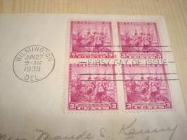 New Sweden Delaware 300th Anniversary 1638-1938 USA ensipäiväkuori FDC neljällä postimerkillä, mulla on useita erilaisia Ruotsin ja Suomen Amerikan